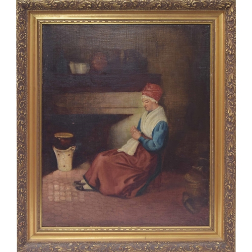 1271 - 19th Century School - Interior scene with a seated lady sewing at a fireplace, oil on canvas, 24