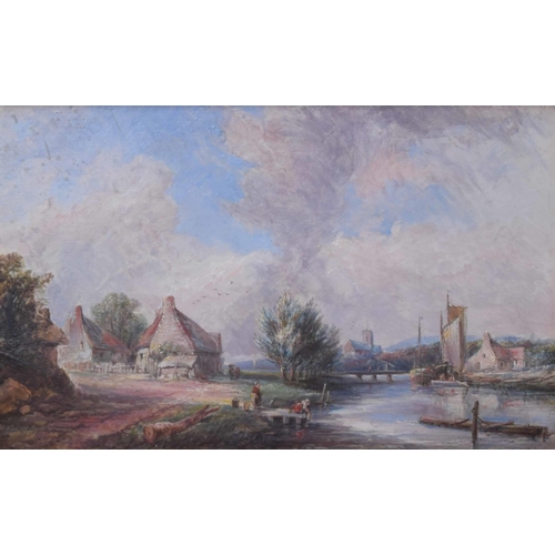 1276 - Richard Peter Richards (1840-1877) - two ladies on a river bank with cottages, a church and boats be... 