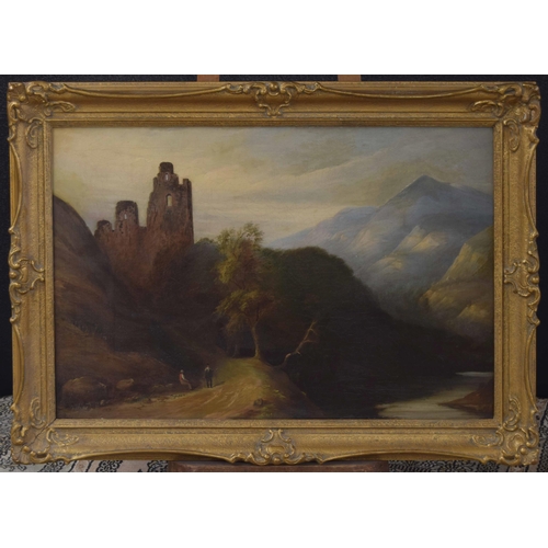 1279 - 19th Century School - two figures in a highland landscape with castle ruins beyond, oil on canvas, 2... 