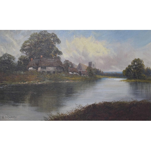 1281 - W. Richards (Francis Jamieson) (1895-1950) - Thatched cottage and church on a river landscape, oil o... 