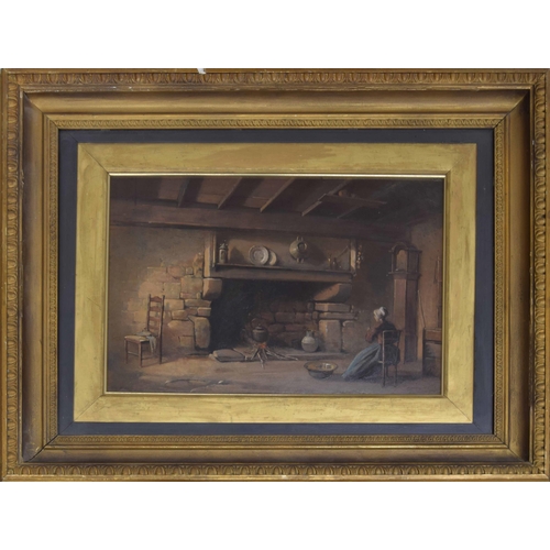 1285 - 19th Century School - interior study of a lady sat before a heated fireplace, oil on board, 12