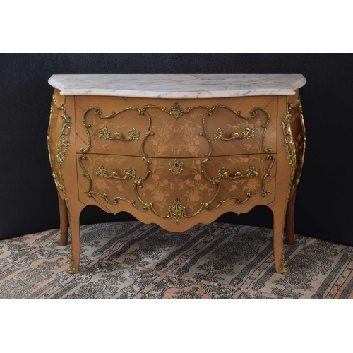 1295 - French marble top bombé commode/chest of drawers in the Louis XV style, the marble top over two marq... 