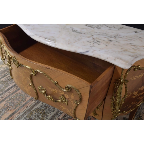 1295 - French marble top bombé commode/chest of drawers in the Louis XV style, the marble top over two marq... 