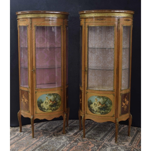 1298 - Good pair of French bowed display cabinets after Vernis Martin, each with glass shelves over printed... 