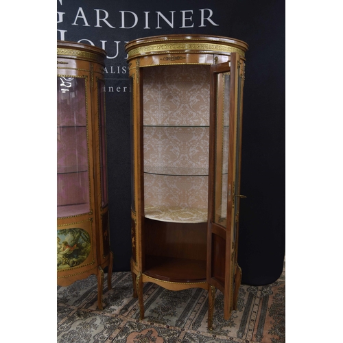 1298 - Good pair of French bowed display cabinets after Vernis Martin, each with glass shelves over printed... 