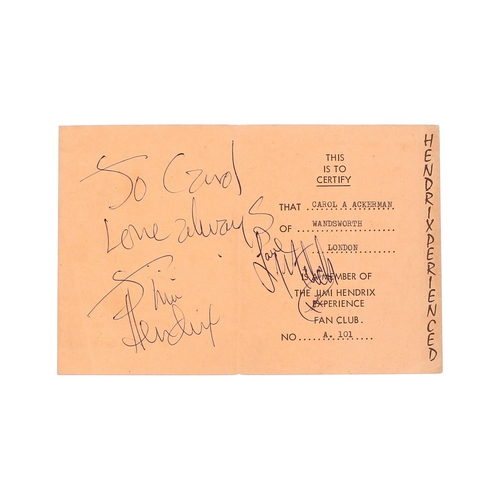 Jimi Hendrix - rare autographed Jimi Hendrix Experience Fan Club membership card, issued to Carol A Ackerman, London, bearing the autographs of Jimi Hendrix and Mitch Mitchell