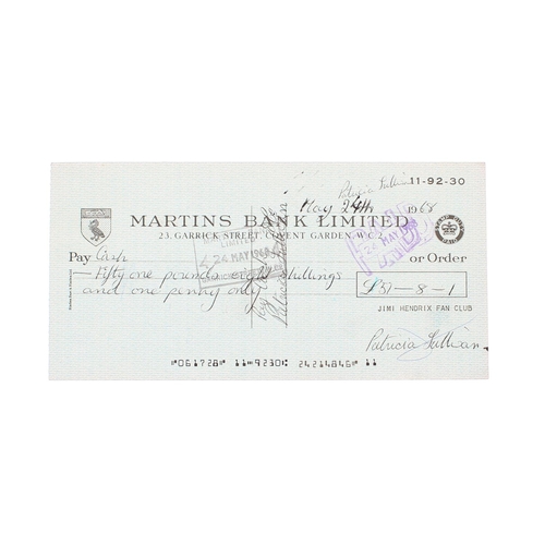 505 - Jimi Hendrix interest - Martins Bank Ltd Jimi Hendrix fan club cheque, dated 24th May 1968, signed b... 