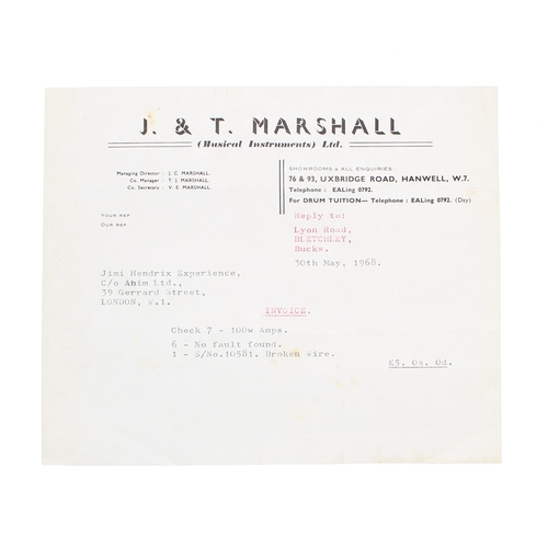 509 - Jimi Hendrix - J&T Marshall Musical Instruments Ltd receipt made out to The Jimi Hendrix Experie... 