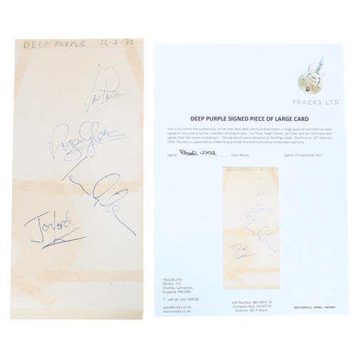 528 - Deep Purple - autographed large piece of card, signed by Ian Pace, Roger Glover, Ian Gillen and John... 