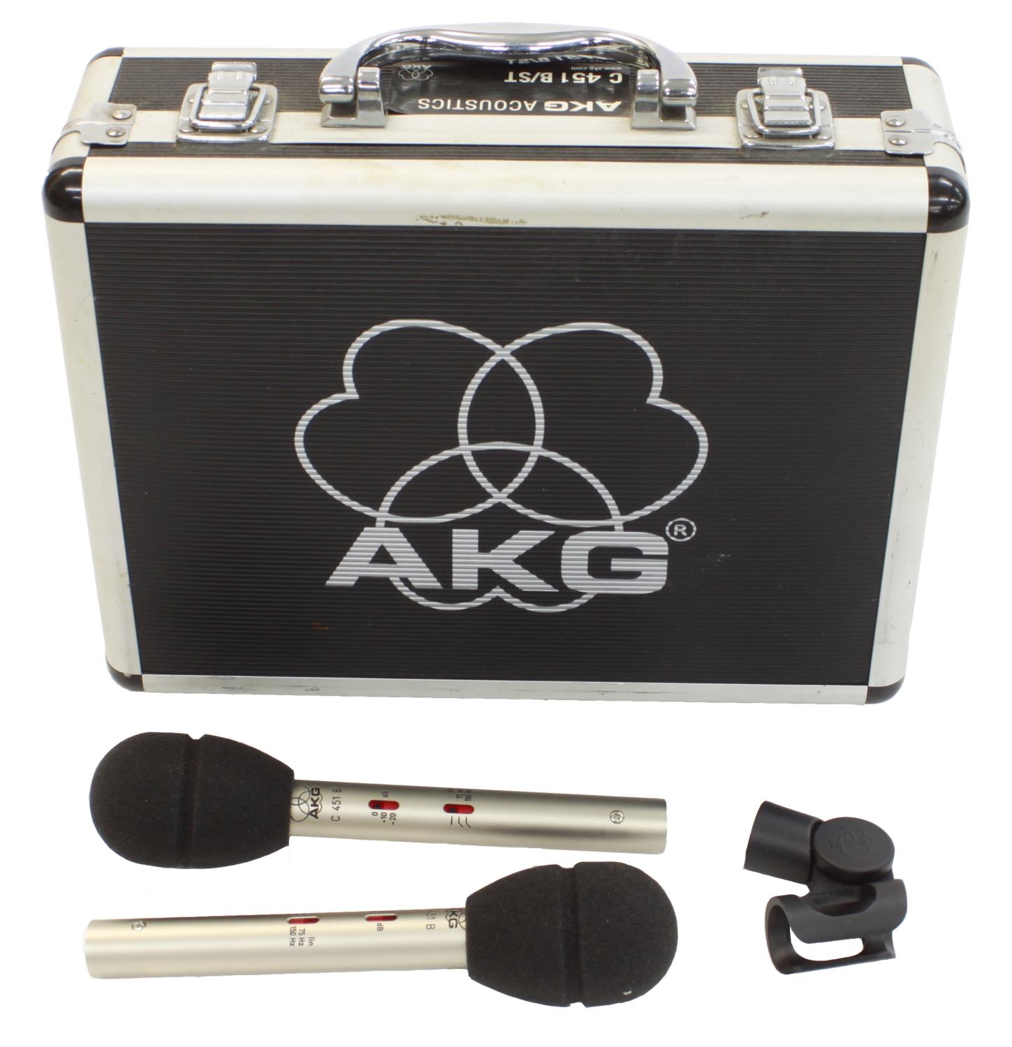 Pair of AKG C451B pencil condenser microphones, within a flight