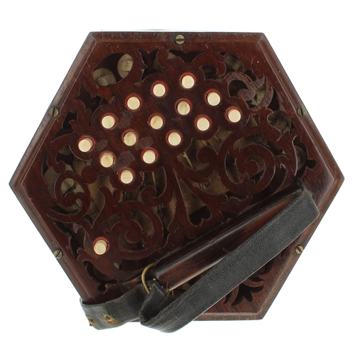 1563 - Anglo three row concertina, with thirty-one bone buttons on foliate pierced wooden ends and five-fol... 