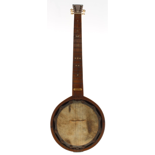 1573 - Interesting WWI Ottoman prisoner of war five string banjo, inlaid to the back in bone with a mosque ... 