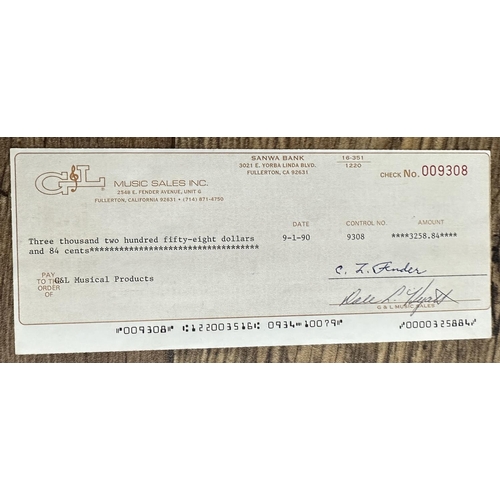 557 - Leo Fender - G&L Music Sales cheque from 1st September 1990, bearing a C.L. Fender signature... 