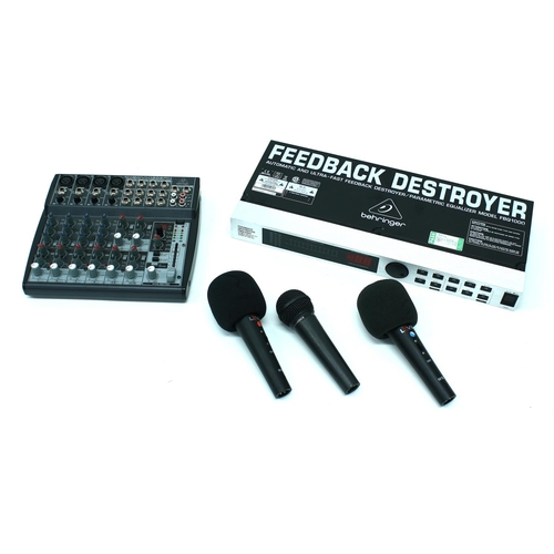 3279 - Behringer Xenyx 1202FX mixer, a Behringer FBQ100 Feedback Destroyer, a Behringer XM8500 microphone a... 