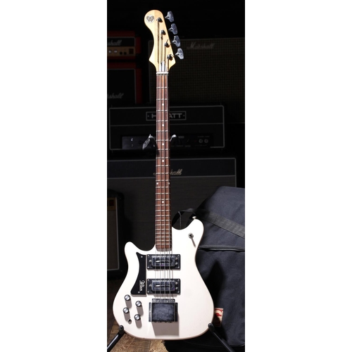 680 - 1970s Wilson left-handed bass guitar, made in England; Body: white finish, dings and scratches throu... 