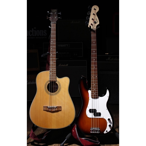 708 - 2004 Squier by Fender P-Bass bass guitar, with gig bag; together with a Stagg AB203CE-NS electro-aco... 