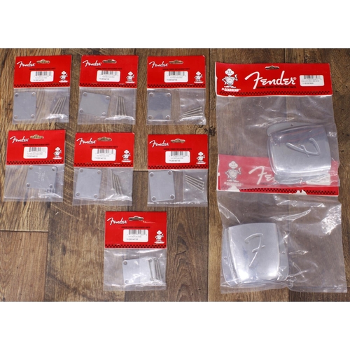 1389 - Selection of Fender Genuine Replacement Parts neck plates with screws and bass guitar bridge covers... 