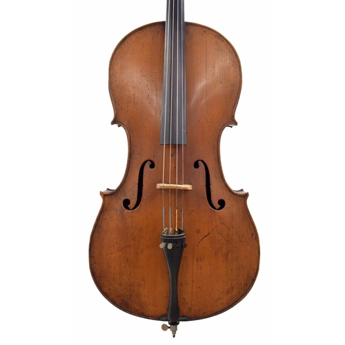 2510 - Late 19th century violoncello, unlabelled, the two piece back of faint medium curl with similar wood... 