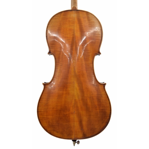 2510 - Late 19th century violoncello, unlabelled, the two piece back of faint medium curl with similar wood... 