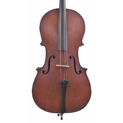 2511 - Late 19th century Mittenwald violoncello, unlabelled, the two piece back of plainish wood with simil... 