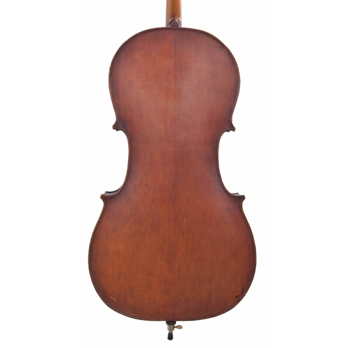 2511 - Late 19th century Mittenwald violoncello, unlabelled, the two piece back of plainish wood with simil... 