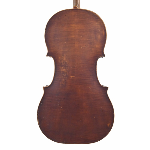 2516 - English violoncello by and labelled H.R. Young, London 1909, the two piece back of faint medium/broa... 