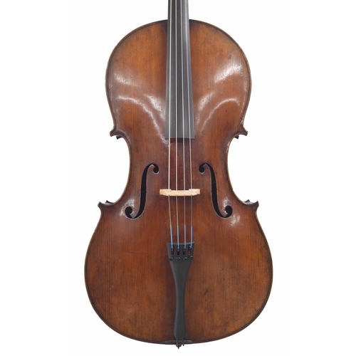 2520 - Good 19th century German violoncello, unlabelled, the two piece back of medium curl with similar woo... 