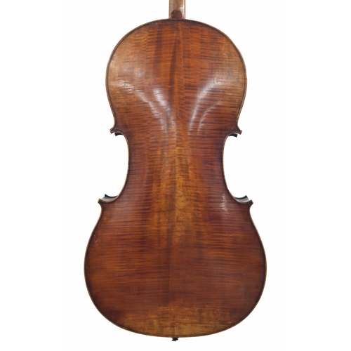 2520 - Good 19th century German violoncello, unlabelled, the two piece back of medium curl with similar woo... 