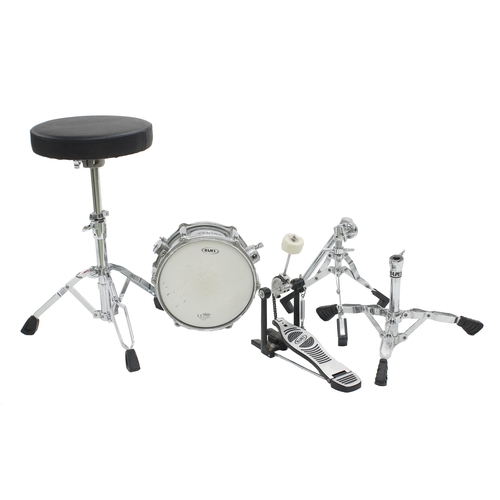 1580 - Mapex snare drum and stand; also a Mapex kick drum pedal and Pearl drum throne (3)