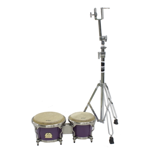 1583 - Pair of Pearl Percussion Elite Series bongos, with Pearl adjustable chrome stand