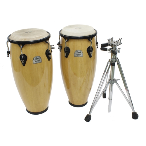 1584 - Good pair of Pearl Percussion Primero Series conga set (quinta and conga), natural wood finish,... 