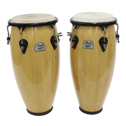 1584 - Good pair of Pearl Percussion Primero Series conga set (quinta and conga), natural wood finish,... 