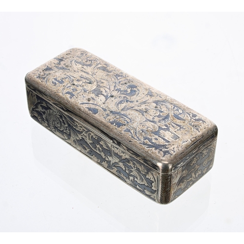 895 - Russian 84 standard silver rectangular niello snuff box, with all-over dense scrolling foliate decor... 