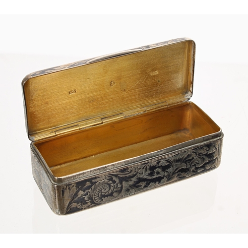 895 - Russian 84 standard silver rectangular niello snuff box, with all-over dense scrolling foliate decor... 