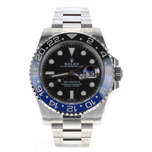 Rolex Oyster Perpetual Date GMT-Master II 'Batman' stainless steel gentleman's wristwatch, reference no. 116710BLNR, serial no. 3256Nxxx, circa 2018, black dial, rotating bezel with 'Batman' ceramic insert, Oyster bracelet with fliplock clasp, 40mm (Ref. 208)
