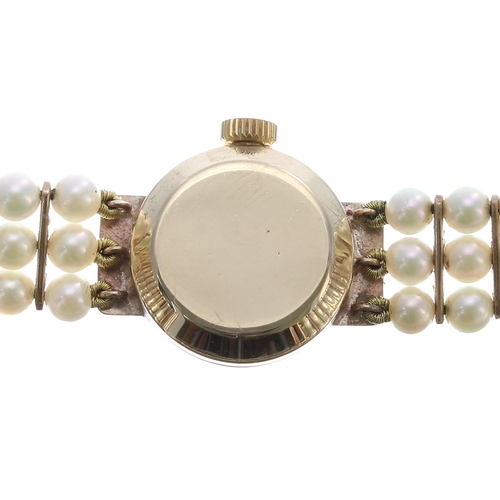 64 - Attractive Longines 9ct and cultured pearl lady's evening watch, import hallmarks London 1958, seria... 