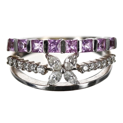 444 - 18ct white gold pink sapphire and diamond three row ring, width 10mm, 5gm, ring size L(Ref 322)... 