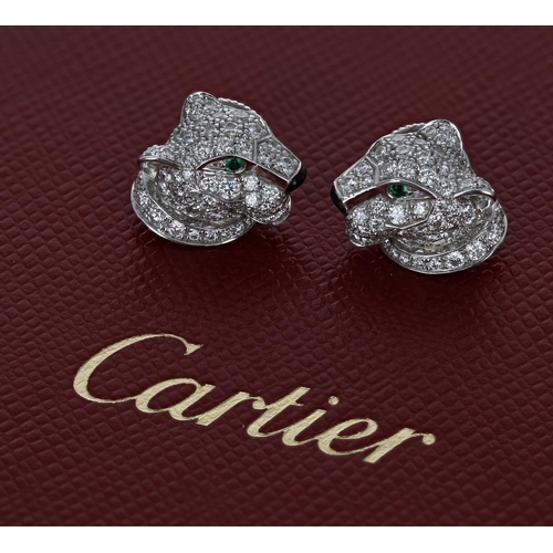 454 - Pair of Cartier Panthére 18ct white gold diamond, emerald and onyx set earrings, signed, no. NIN689,... 