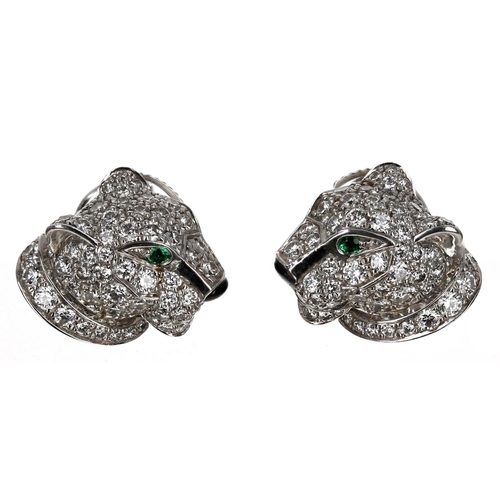 454 - Pair of Cartier Panthére 18ct white gold diamond, emerald and onyx set earrings, signed, no. NIN689,... 