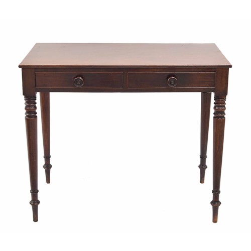 1141 - Georgian mahogany writing table, the plain top over two short drawers, raised on turned legs, 36