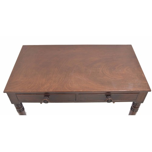 1141 - Georgian mahogany writing table, the plain top over two short drawers, raised on turned legs, 36