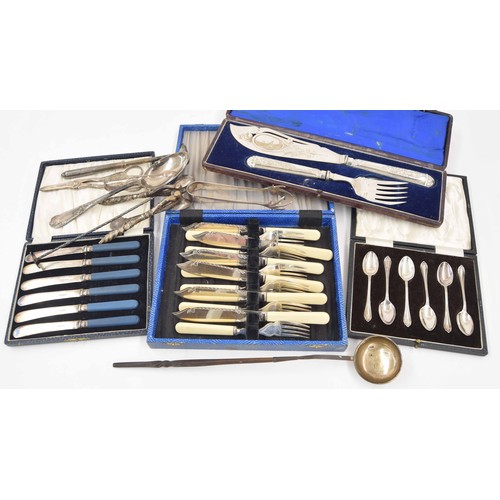 886 - Group of assorted silver plated flatware; cased fish serve set, cased set of six fish knives and for... 