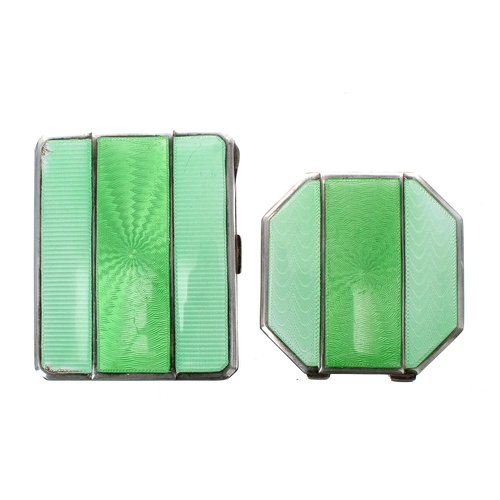 877 - Mappin & Webb silver and green guilloche enamel compact and matching cigarette case, Birmingham ... 