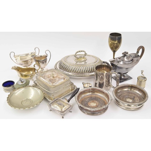 885 - Assorted silver plated tablewares; tureen with cover, three piece coffee set, E&Co. tankard, pai... 