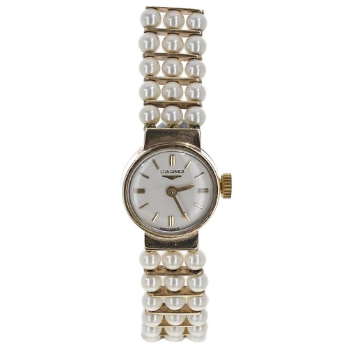 64 - Attractive Longines 9ct and cultured pearl lady's evening watch, import hallmarks London 1958, seria... 