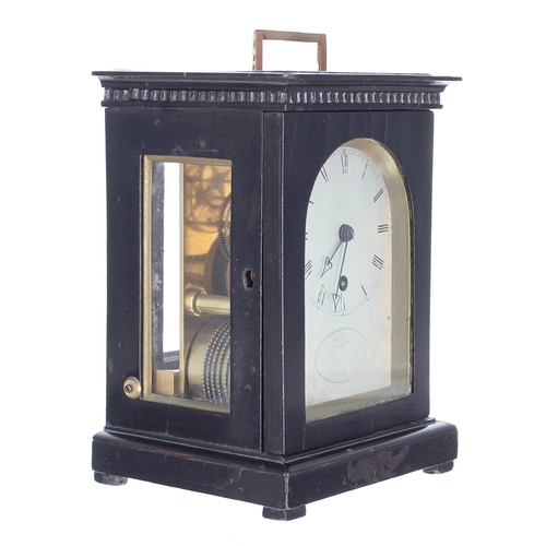 1324 - Good small English ebonised single fusee campaign table clock, the 3