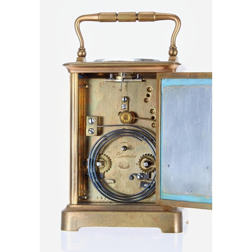 1215 - Good French repeater porcelain panelled carriage clock striking on a gong, the movement back plate s... 