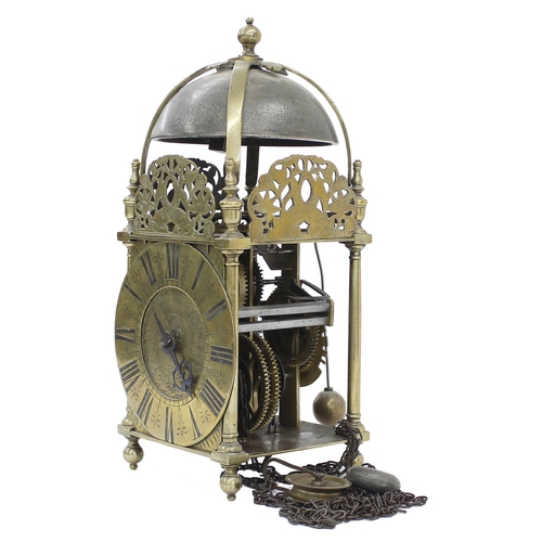 1382 - English brass verge lantern clock, signed Thomas Bryan, in Shepton Mallet to the foliate engraved ce... 