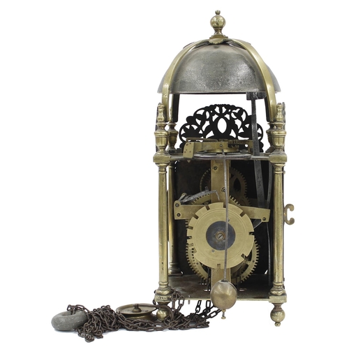 1382 - English brass verge lantern clock, signed Thomas Bryan, in Shepton Mallet to the foliate engraved ce... 