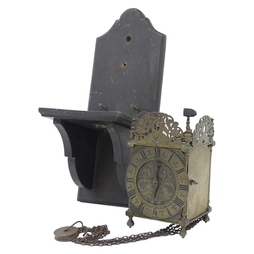 1383 - Interesting early English hook and spike brass lantern clock, the 5.75